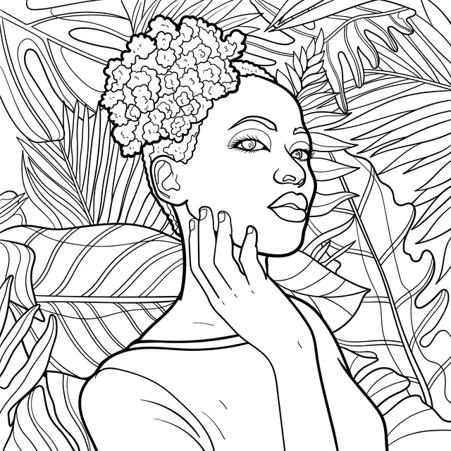 Woman in Red among Tropical Plants
