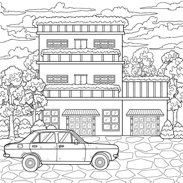 Three - storey building with green - roof and a yellow car