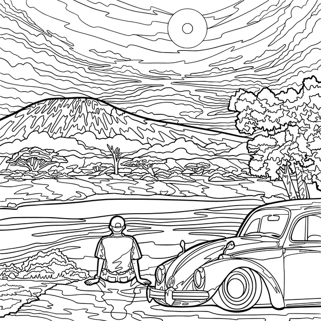 A Man, a Car and the Beautiful Scenery by the Lakeside