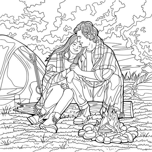 Lovers snuggling cozily at the campsite