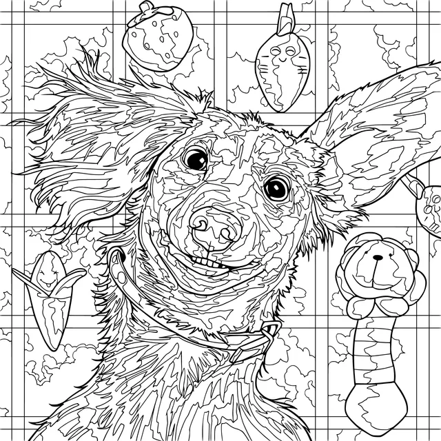 Happy Dog with Toys and Fruits