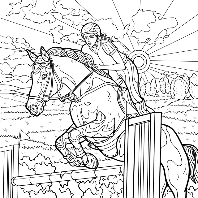 Woman riding a horse and jumping over an obstacle