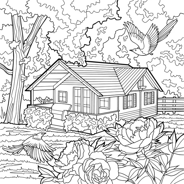 Rural Cottage with Flowers and Birds