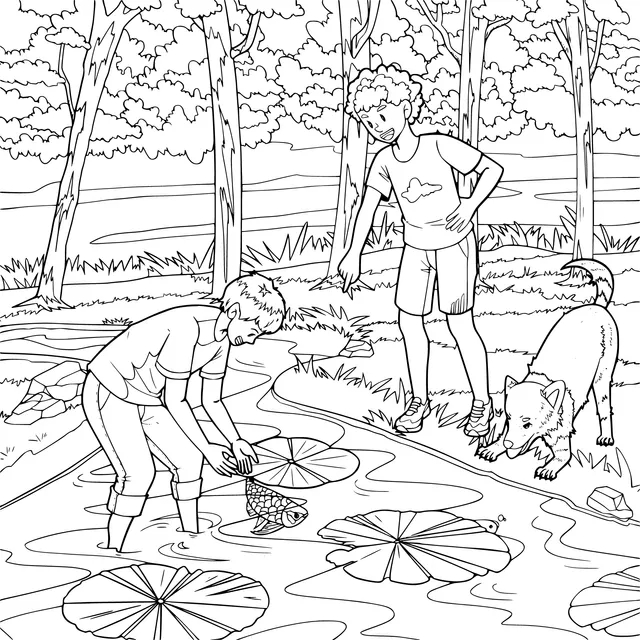 Boys and a dog playing by the river