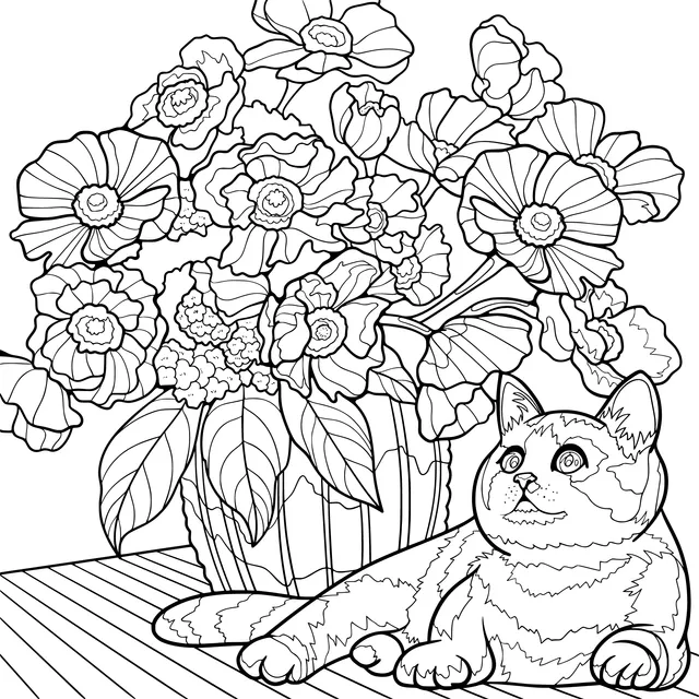 Cat and Colorful Flowers