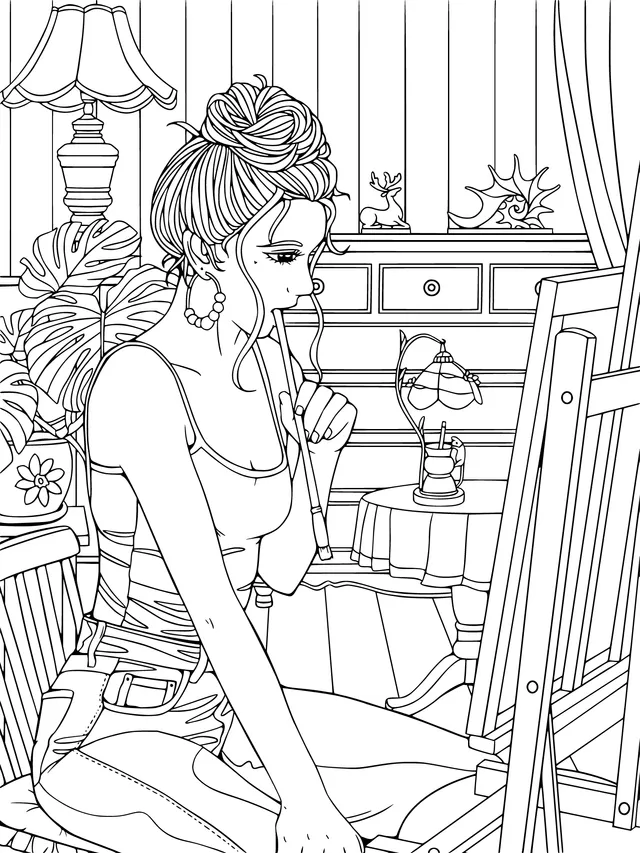 A Woman Concentrating on Painting