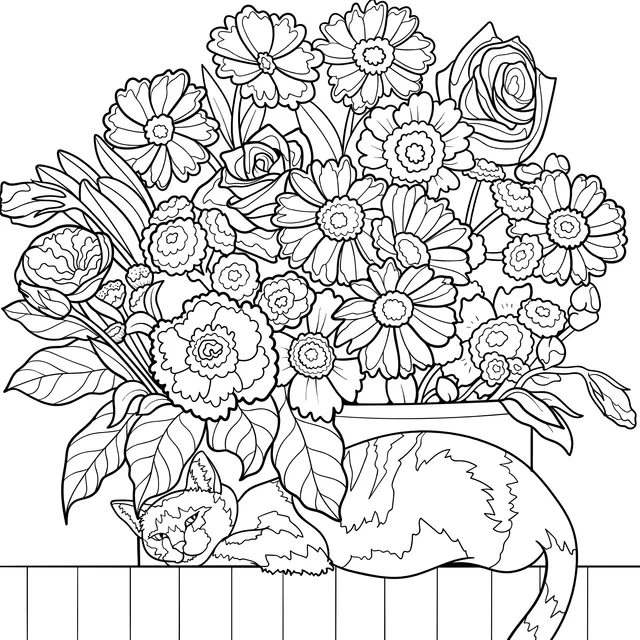 A Cat Sleeping under a Bouquet of Flowers