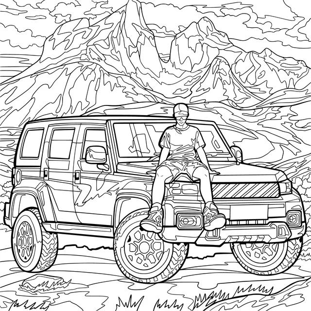 Resting Person by the Off - road Vehicle in the Mountains