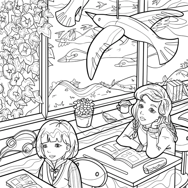 Girls Studying by the Window and Flying Birds