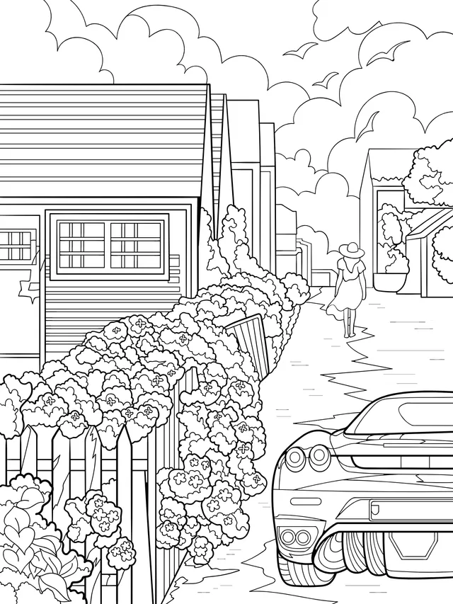 Walking on a street with flowers and a sports - car