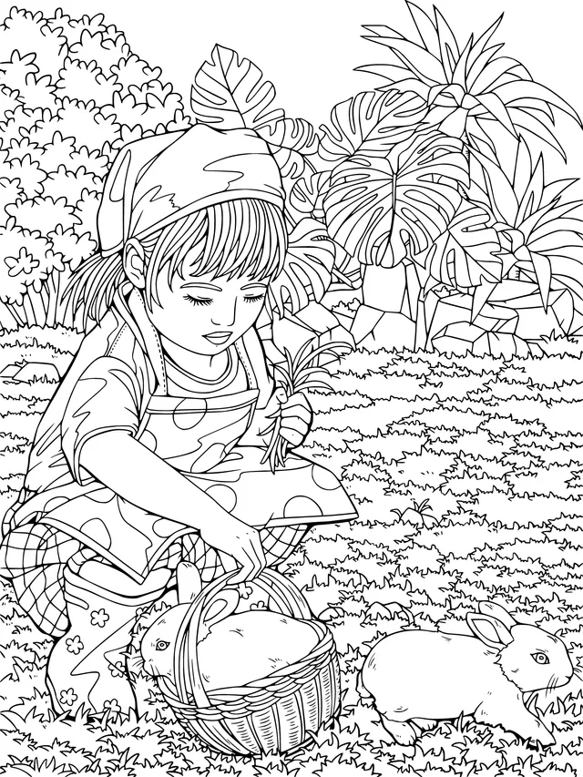 Girl and rabbits on the grass