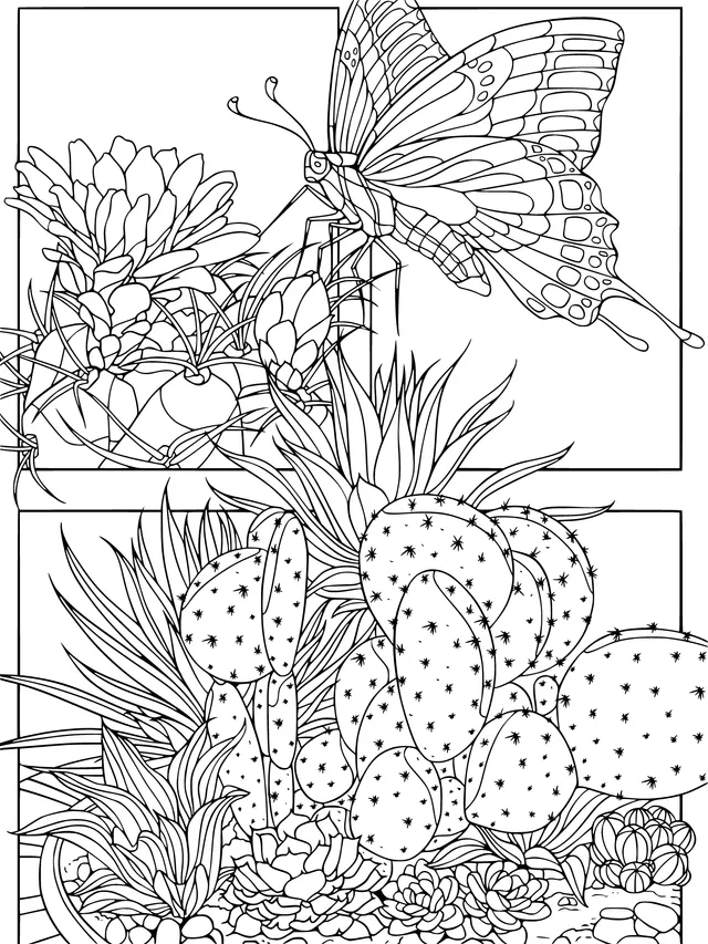 Butterfly with Cacti and Succulents