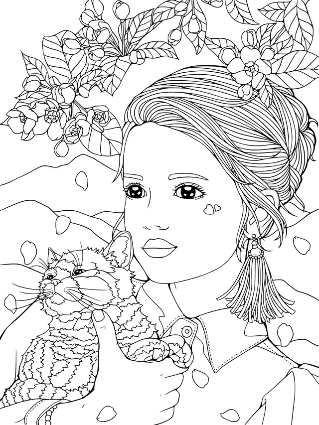 Woman with a Cat in a Floral Setting