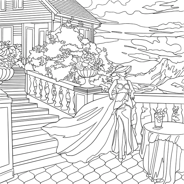 An Elegant Lady on the Terrace at Sunset