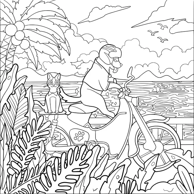 A dog and a cat riding a scooter by the sea
