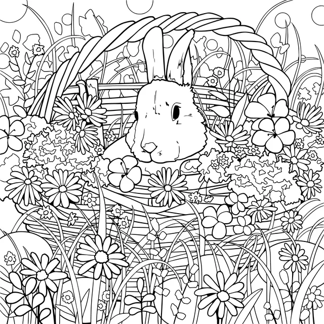 Rabbit in a flower - filled basket with colorful flowers and eggs