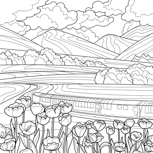 Train traveling through a sea of flowers and mountains