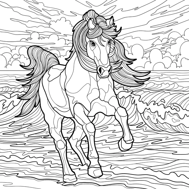 A galloping white horse by the sea