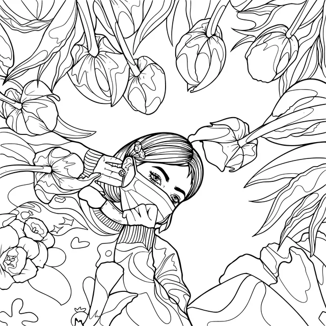 Girl with Mask among Flowers