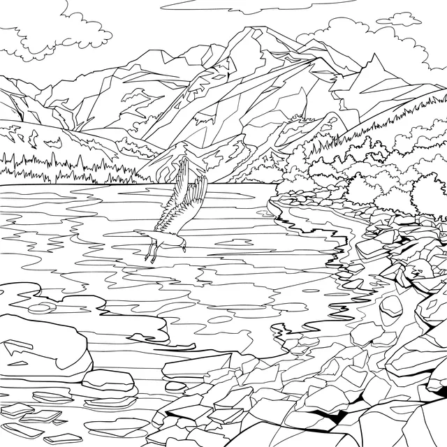 Bird Flying by the Lakeside and Mountain Scenery
