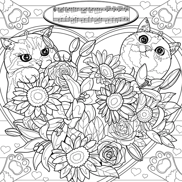 Heart - shaped Pattern of Cats and Flowers