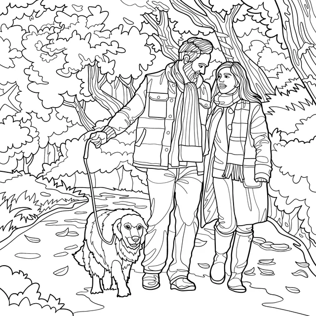 A couple's walk with a dog in autumn