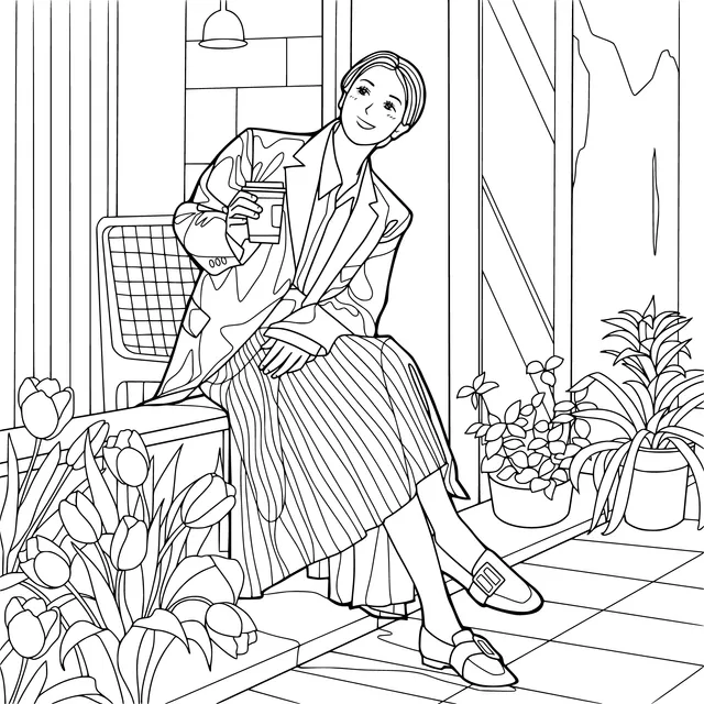 Lady sitting beside the flowers