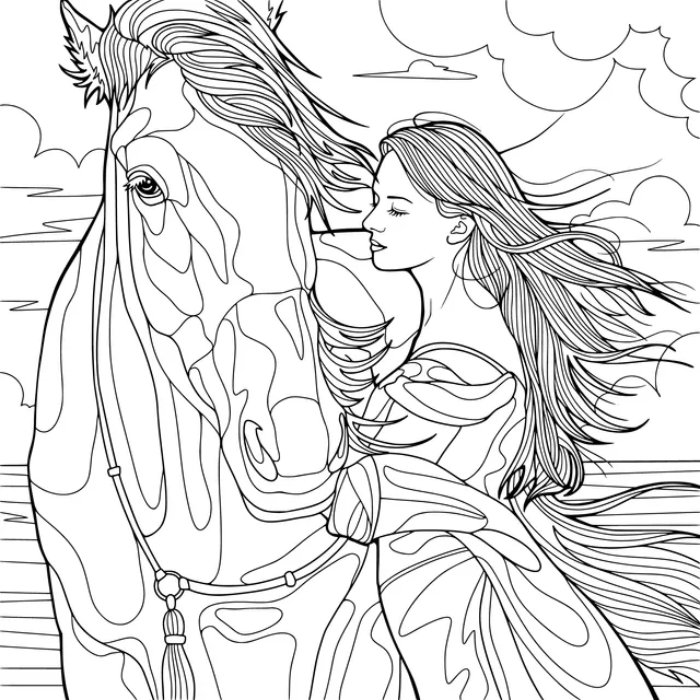 A woman and a white - horse in close companionship