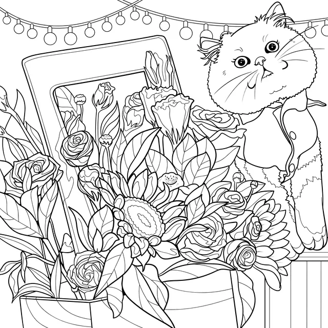 Cat and Colorful Flowers