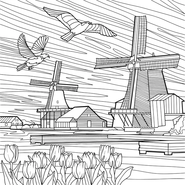 Rural scenery with windmills, tulips and flying birds
