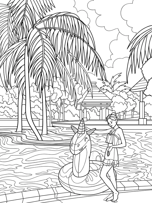 Girl and Unicorn Float by the Pool
