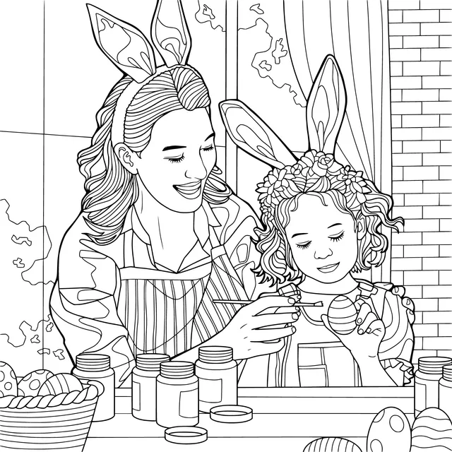 Mother and daughter painting Easter eggs together