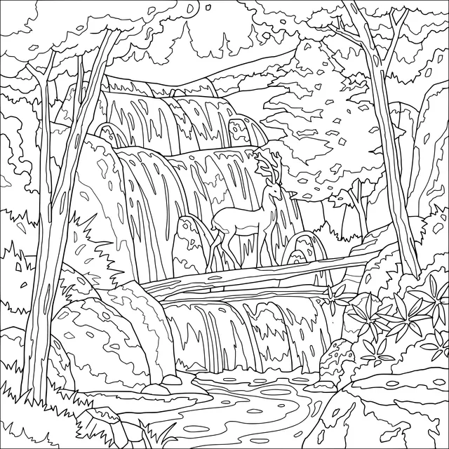 Deer by the Forest Waterfall