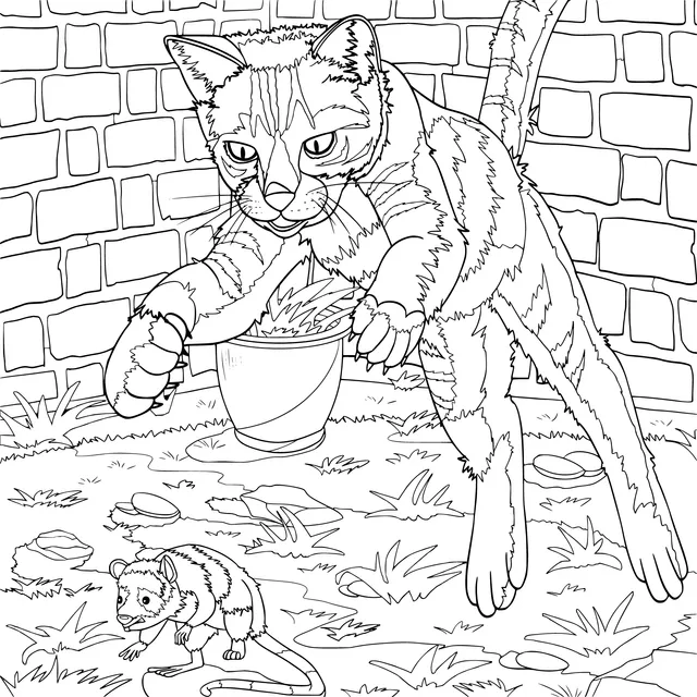 Cat pouncing towards a potted plant