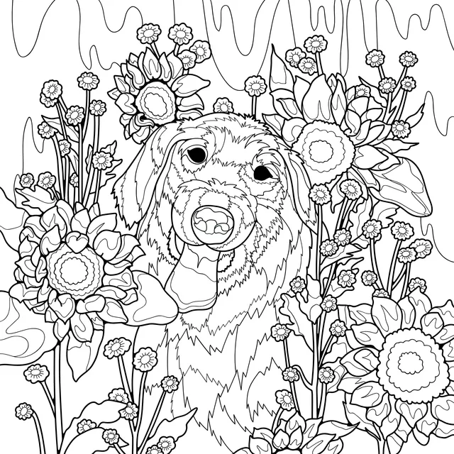 Golden Retriever in the Flower Bed