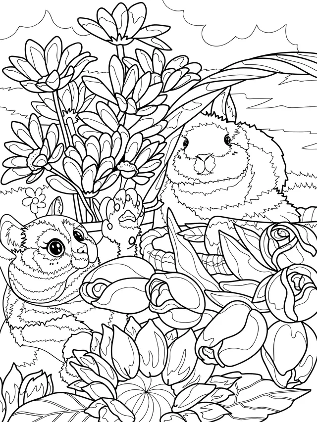 Cat and Rabbit among the Flowers