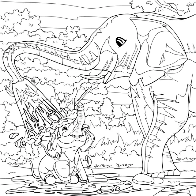 An elephant bathing a baby elephant