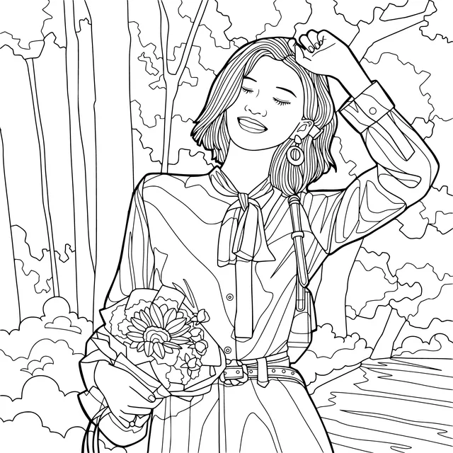 A woman with flowers enjoying a cozy moment in the woods