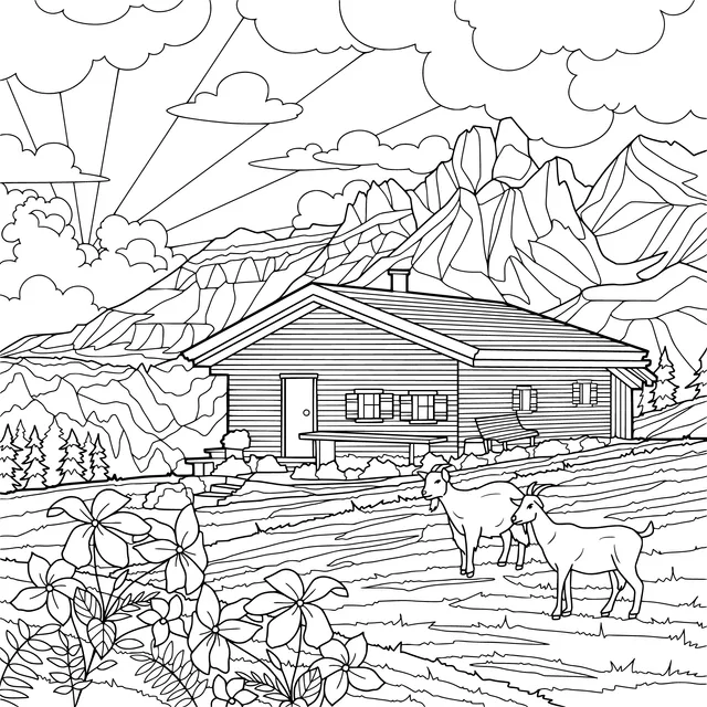 Mountain Cabin and Pasture Scene