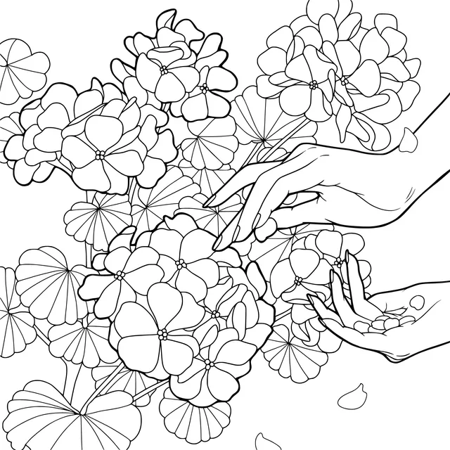 Hands touching blue hydrangeas