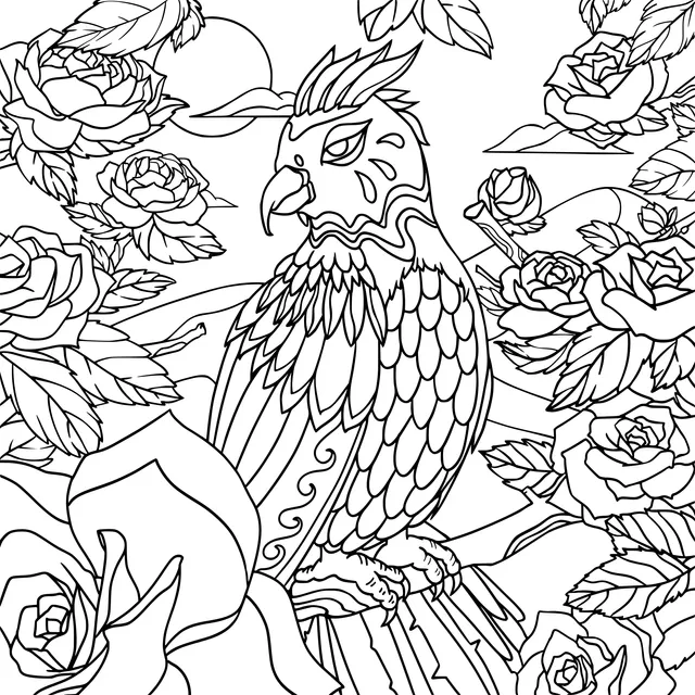 Colorful - feathered Bird among Roses