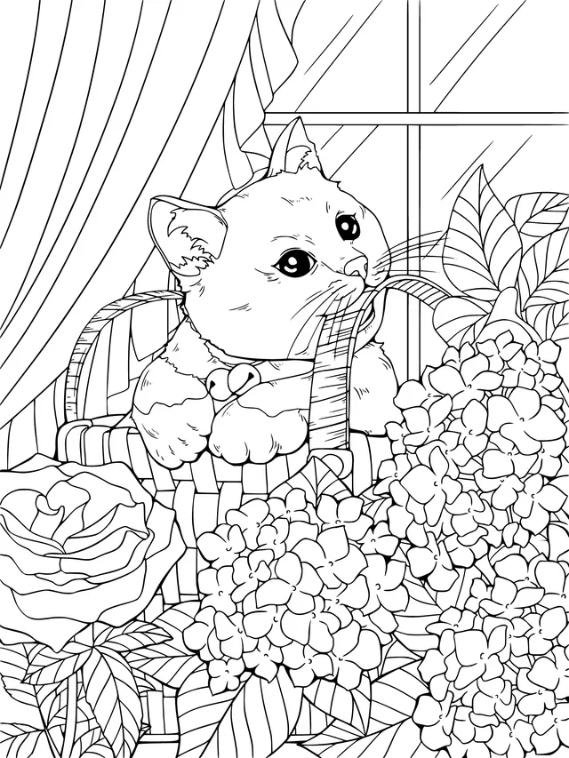 Cat in a Basket with Flowers
