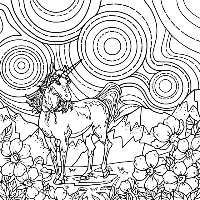 Fantasy Unicorn and Flower - Filled Mountainside