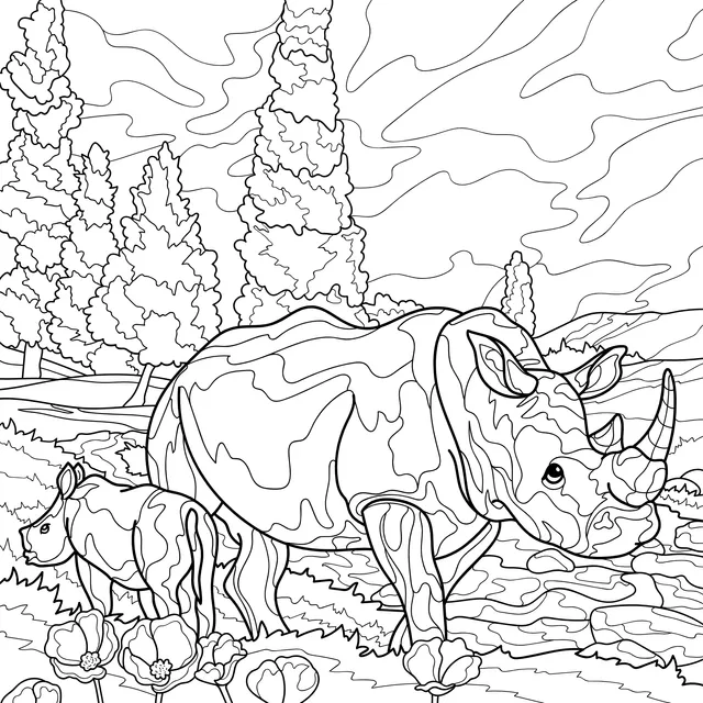 Mother - rhino and calf under the setting sun