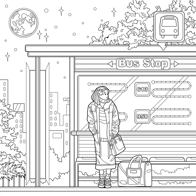 Woman waiting at the bus stop at night