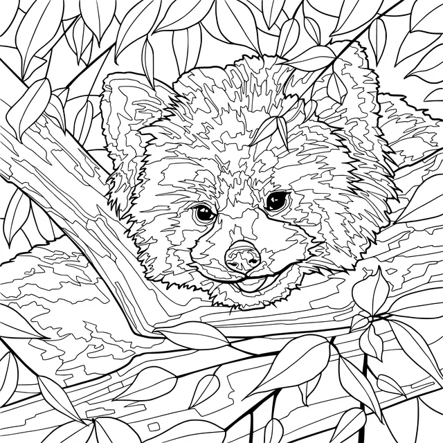 Red panda resting among branches and leaves