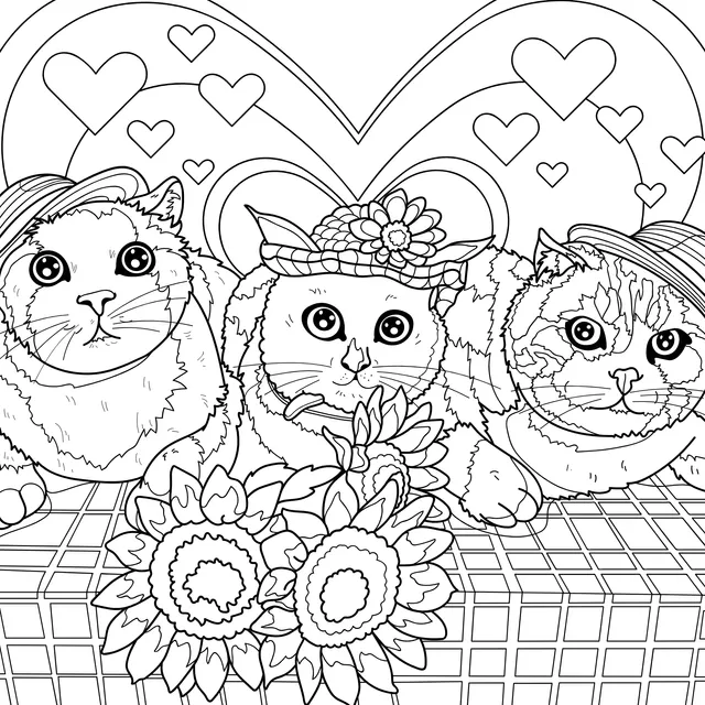 Three Adorable Cats and Sunflowers