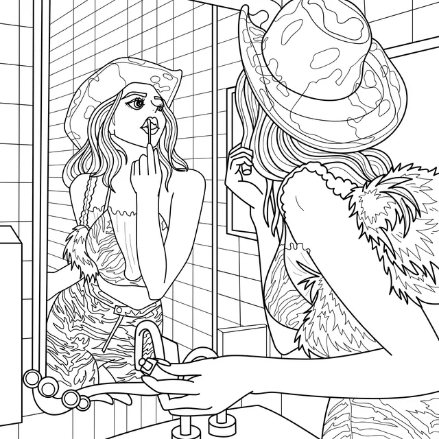 Woman applying lipstick in front of the mirror