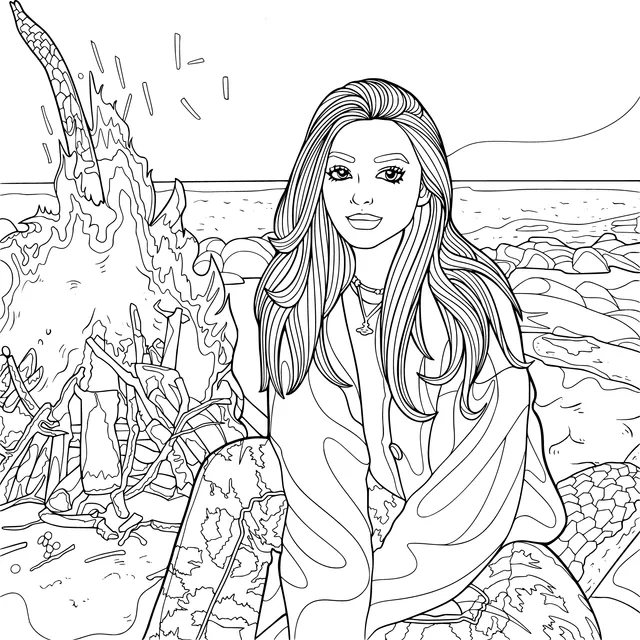 Woman sitting by the campfire