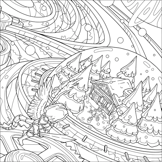 Snow - covered Cabin in a Fantasy Mechanical World